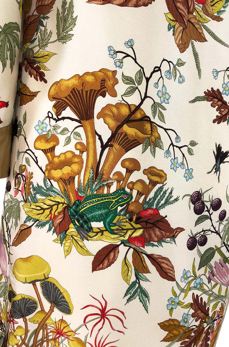 1970s Gucci Ad Campaign Flora Fauna Screen Printed Silk Shift Dress