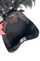 Documented Fall 1996 Chanel Black Felt Half Cap w High Feather Detailing