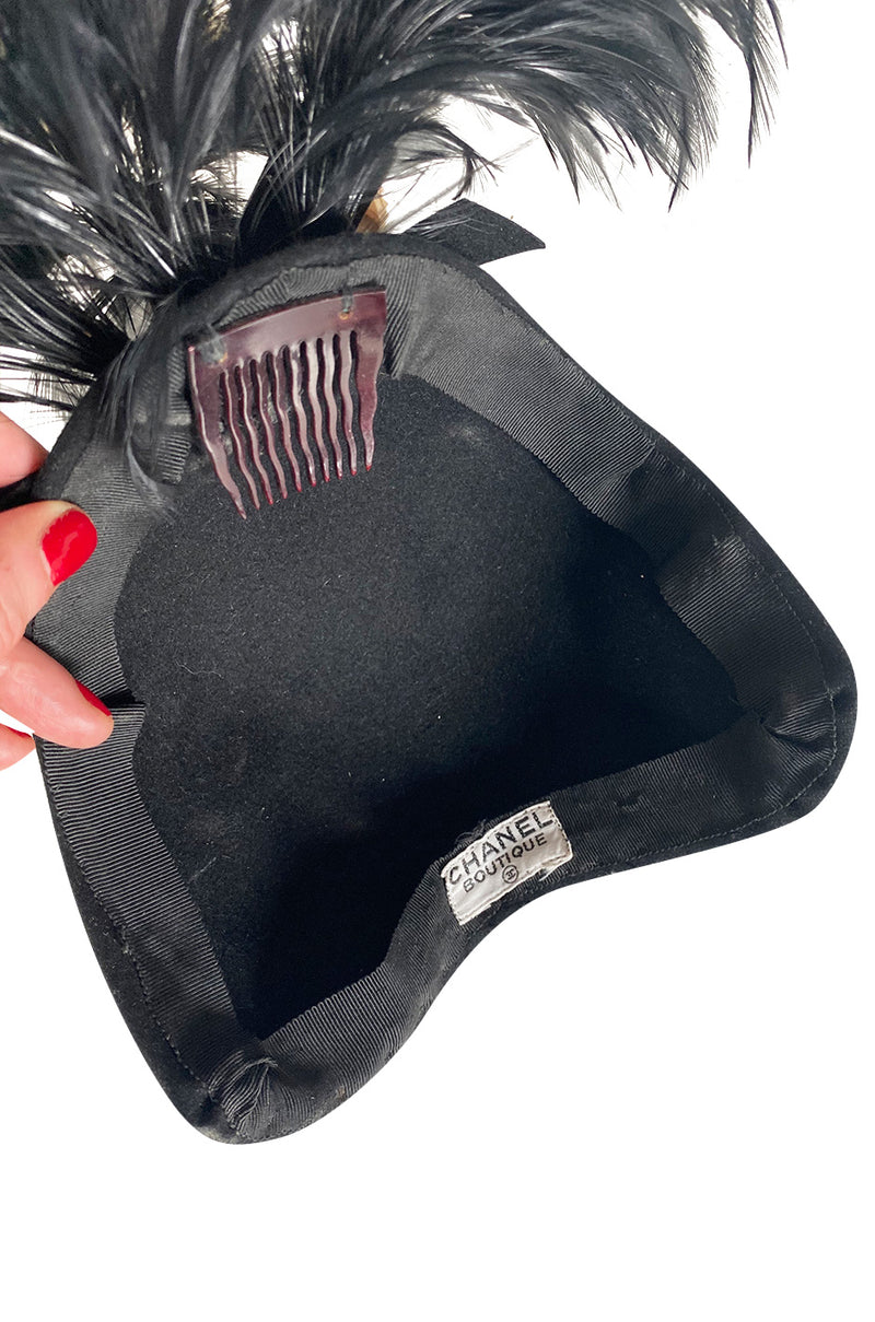Documented Fall 1996 Chanel Black Felt Half Cap w High Feather Detailing