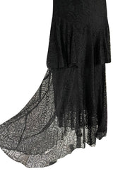 Light as Air Late 1920s Unlabeled Fine Black Lace Dress w Matching Jacket & Rhinestone BuckleBelt