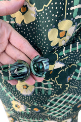 Prettiest 1930s Green Floral Print Bias Cut Silk Crepe w Yellow Collar & Original Belt