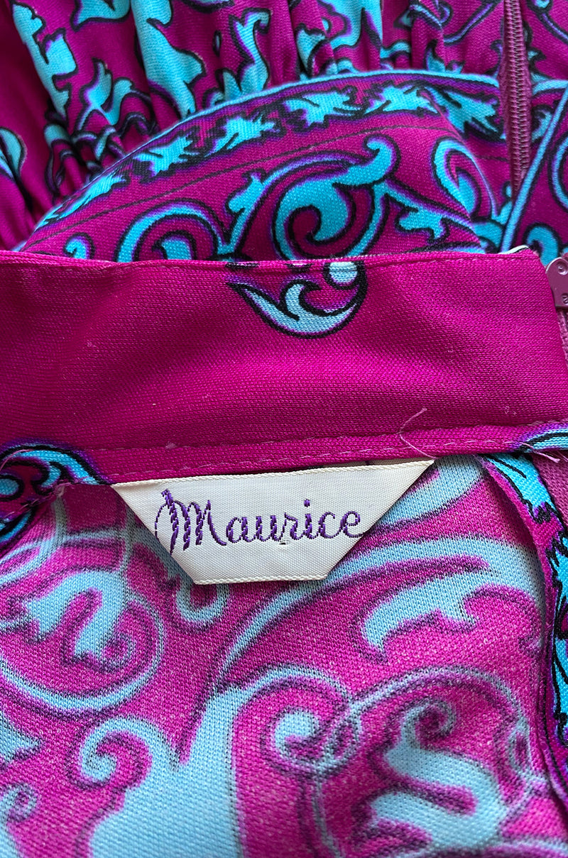 1970s Maurice Bright Fuchsia Pink & Brilliant Turquoise Print Jersey Dress