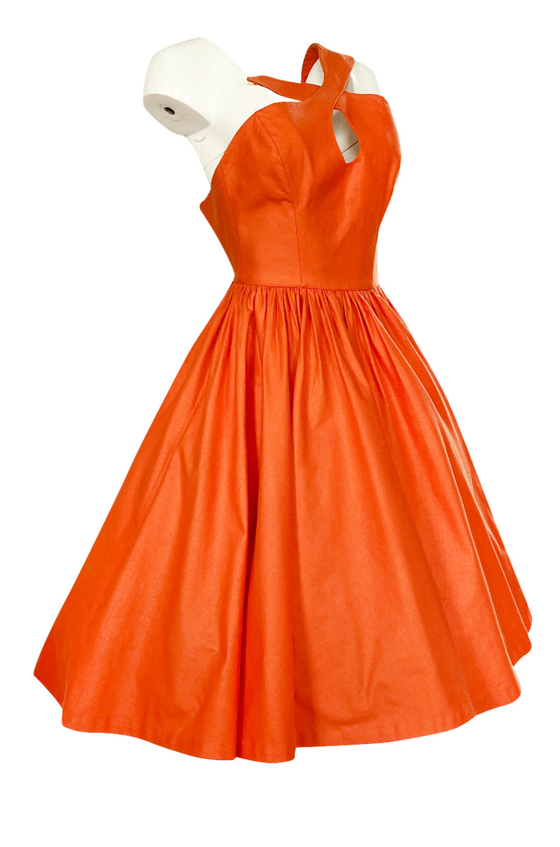 1980s Thierry Mugler One Shoulder Sculpted Orange Cotton Dress