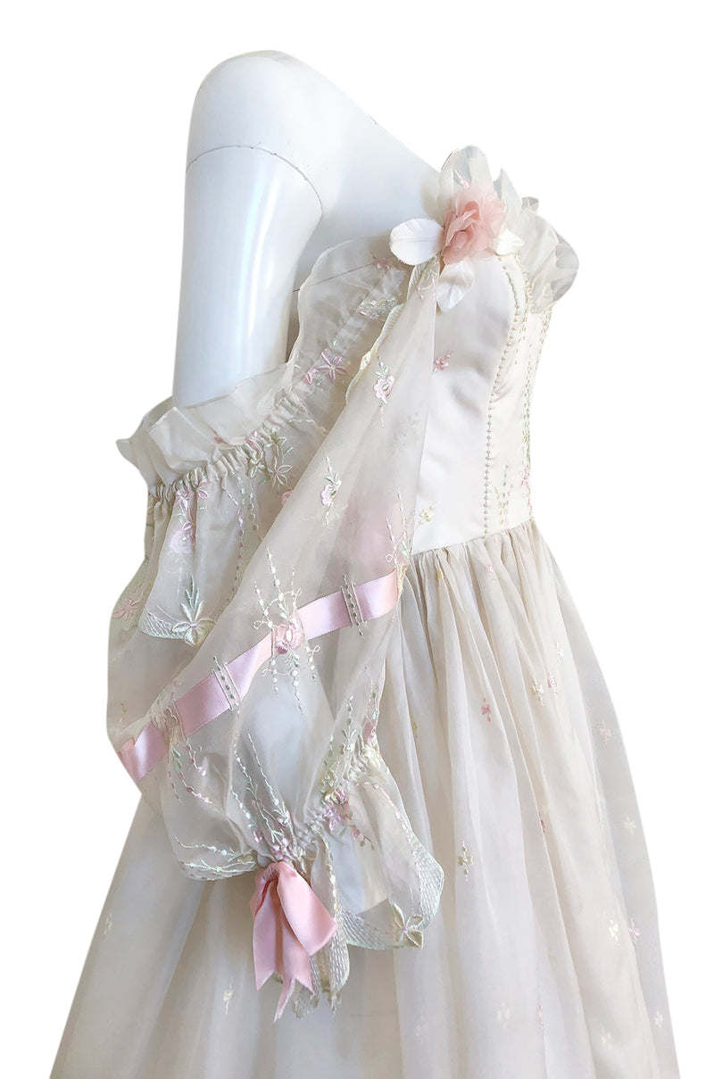 1980s Emanuel Custom Fairy Tale Embroidered & Ribboned Silk Organza Dr Shrimpton Couture 1980s Emanuel Custom Fairy Tale Embroidered & Ribboned Silk Organza Dr Shrimpton Couture