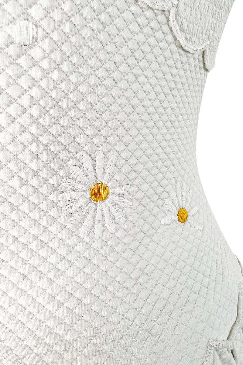 Prettiest 1960s Nina Ricci White Cotton Waffle Weave Pique Dress w Embroidered Daisies