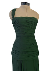 Spectacular Late 1970s Galanos Moss Green Silk Chiffon Car Wash Hem Dress w Draped Shoulder Panel
