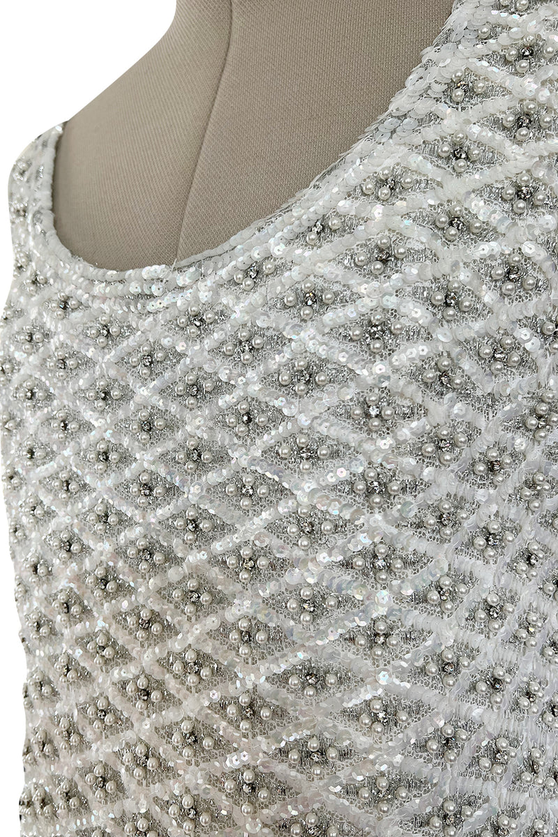 Fabulous 1960s Madeleine de Rauch Haute Couture Pearl White Sequin & Rhinestone Dress