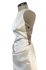 2000s Oleg Cassini Couture Ivory Silk Satin Wedding Dress w Open Beaded Sides & Train