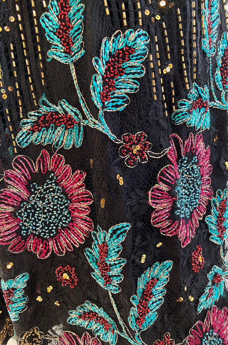 1970s Alfred Bosand Densely Beaded Sequinned & Embroidered Gold & Floral Dress