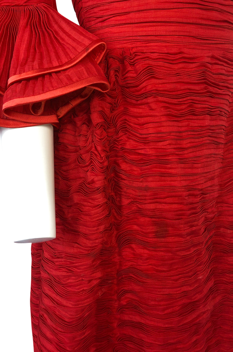 1960s Sybil Connolly Couture 'Non Chalance' Red Ruffled Pleated Linen Dress