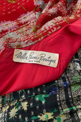 1960s Mollie Parnis Metallic Gold, Red & Black Floral Print Silk Dress
