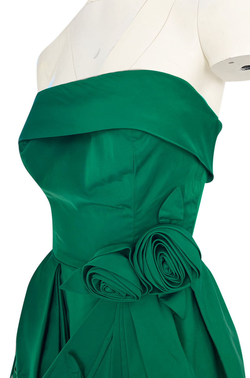 1950s Suzy Perette Emerald Green Strapless Full Skirted Dress w 3D Flower Detailing