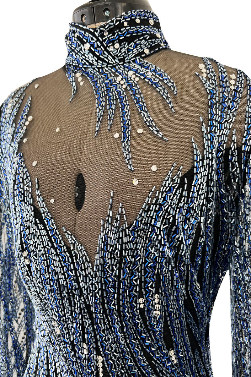 Incredible 1980s Bob Mackie Blue & Silver Beaded & Sequin Dress on Black Net