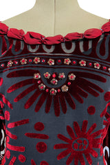Gorgeous 1980s Zandra Rhodes Deep Red Cut Velvet Caftan Dress w Beaded Detailing