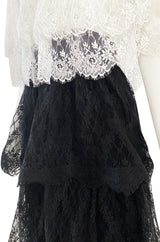 Prettiest 1970s Alfred Bosand Black & White Lace Tiered Off Shoulder Full Length Dress