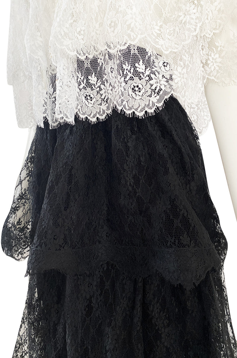 Prettiest 1970s Alfred Bosand Black & White Lace Tiered Off Shoulder Full Length Dress