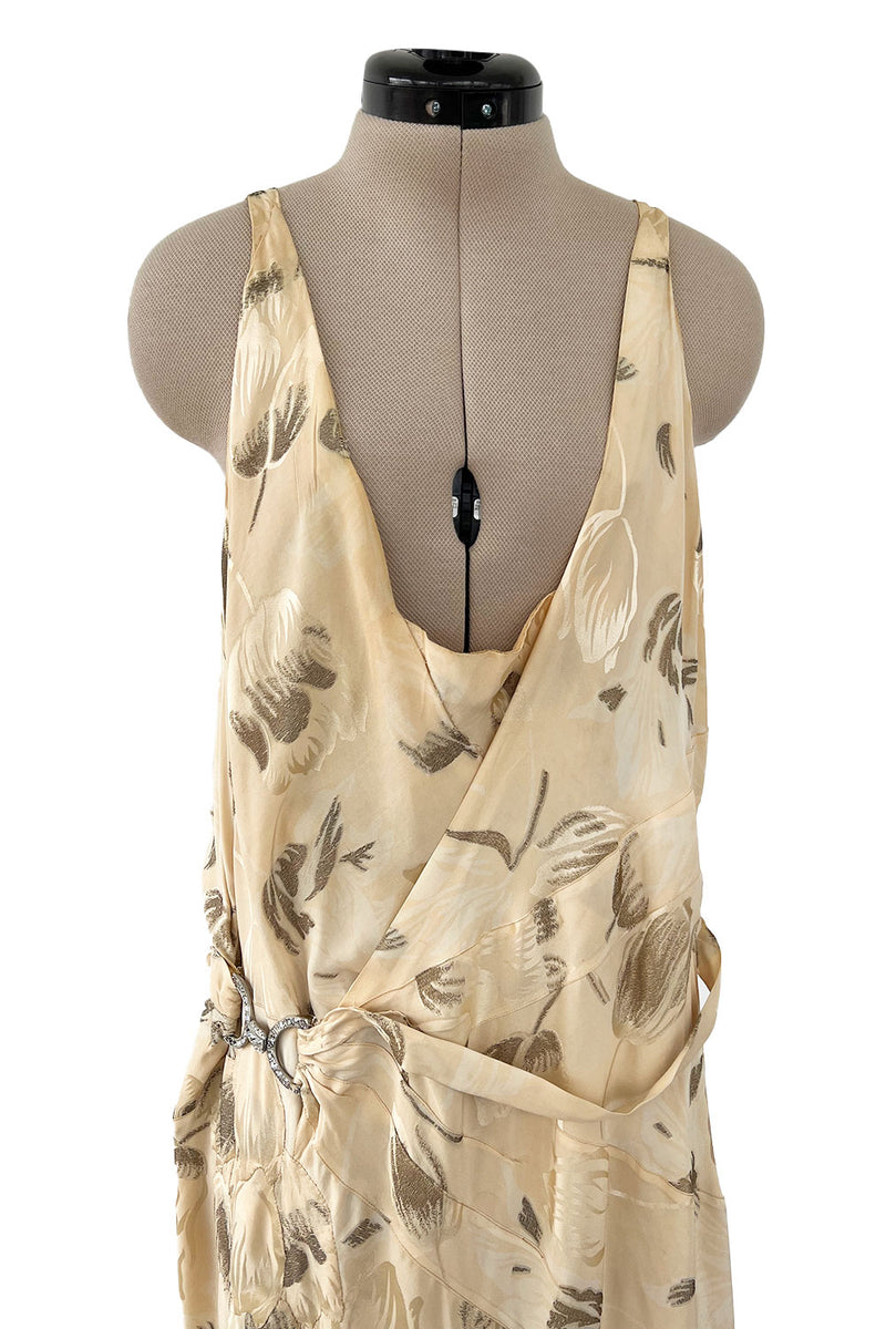 Rare & Beautiful 1920s E. L. Mayer Pale Gold Silk Flapper Dress w Lame & Rhinestone Detailing