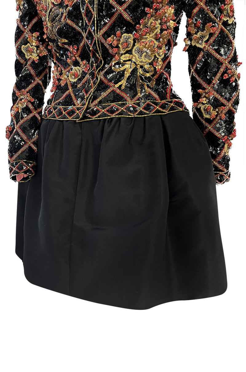 Elaborate 1987 John Anthony Couture Off Shoulder Mini Dress w Sequin Beading & Rosettes