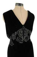 Rare 1920s 1930s Unlabeled Silk Velvet Dress w Rhinestones & Matching Open Shoulder Jacket