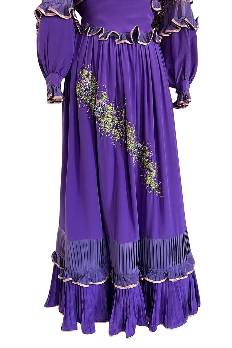 Rare 1960s Tiziani Couture by Karl Lagerfeld Purple Silk Dress w Intricate Hand Beading