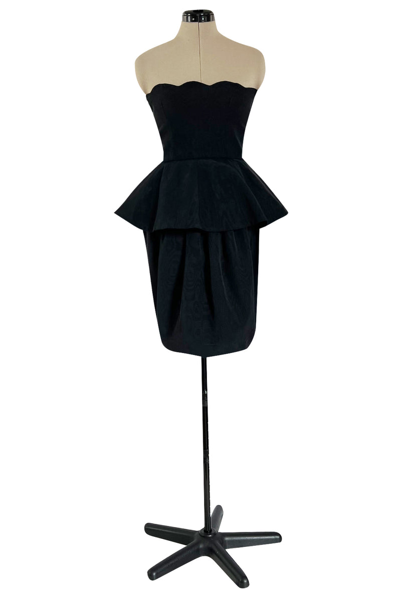 1980s Lanvin by Jules-Francois Crahay Strapless Black Dress w Hip Peplum
