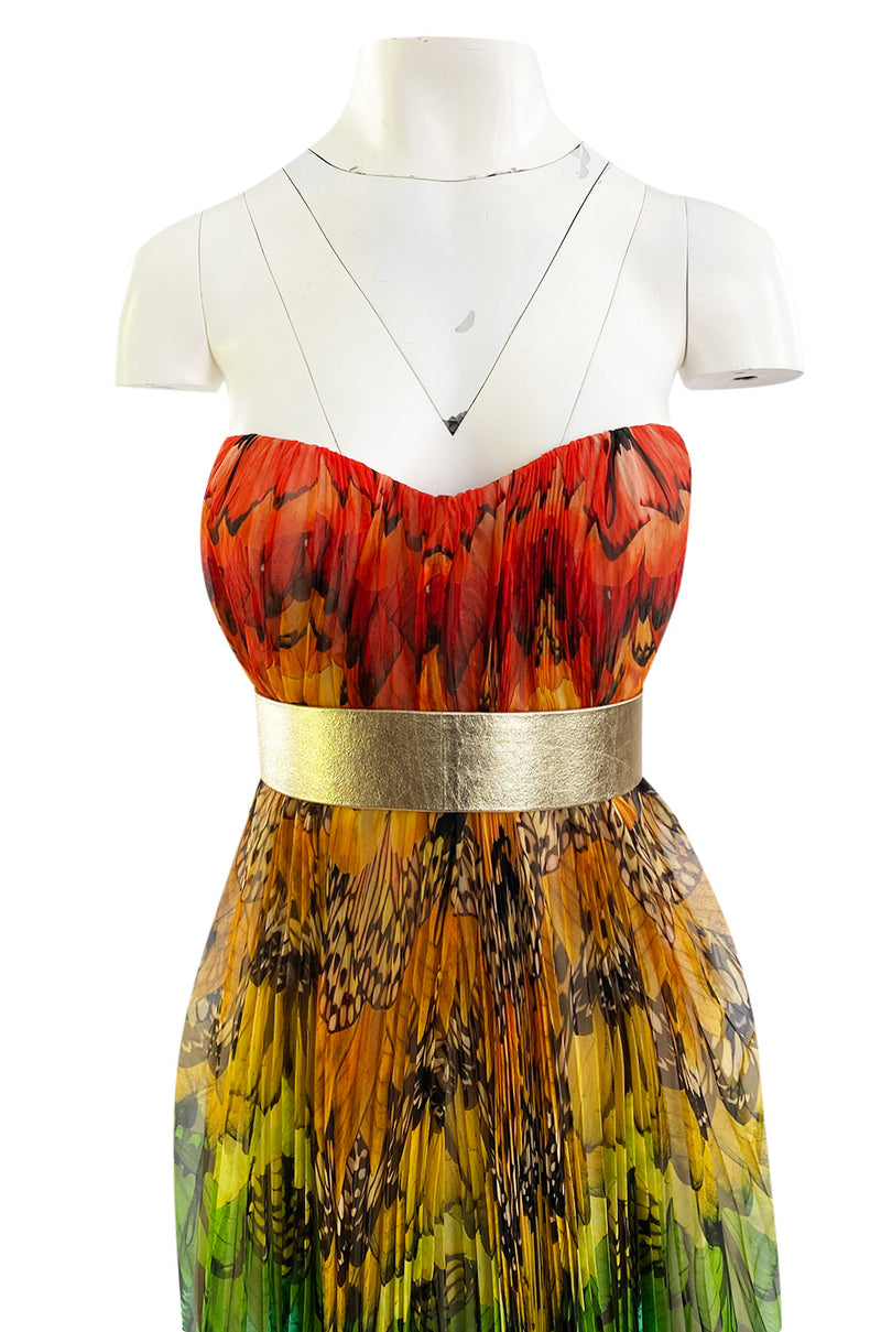 Spring 2008 Alexander McQueen Iconic Strapless Silk Chiffon Butterfly Rainbow Dress w Belt