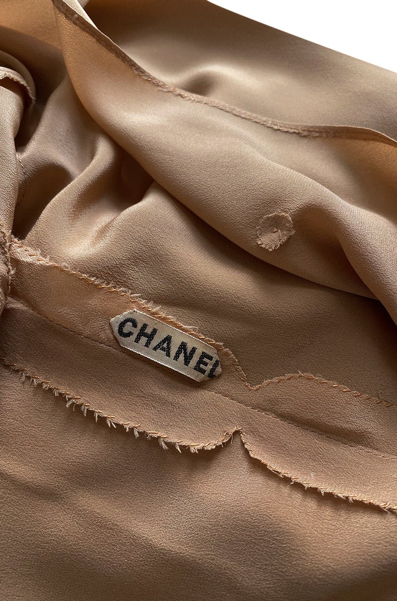 1970s Chanel True Haute Couture Pleated Front Silk Top w Bow & French Cuffs