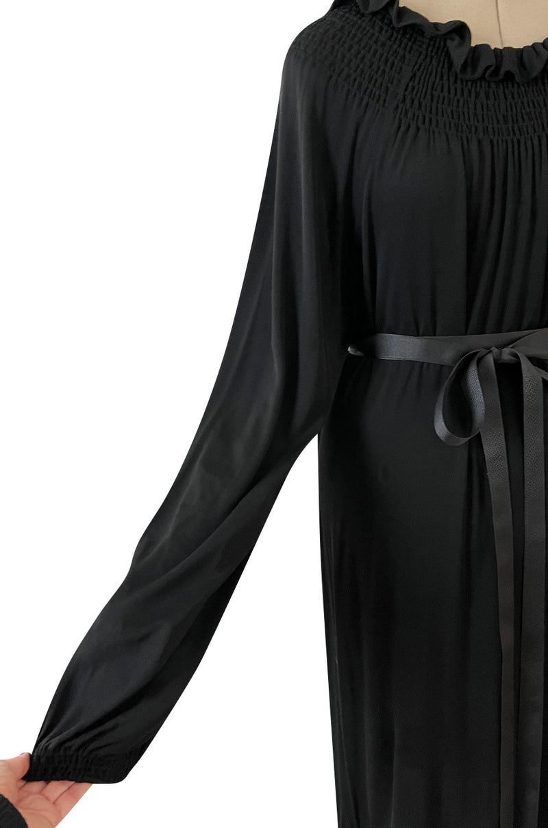 Gorgeous 1970s Givenchy Black Silk Crepe Jersey Dress w Gathered Neckline & Pouf Sleeves