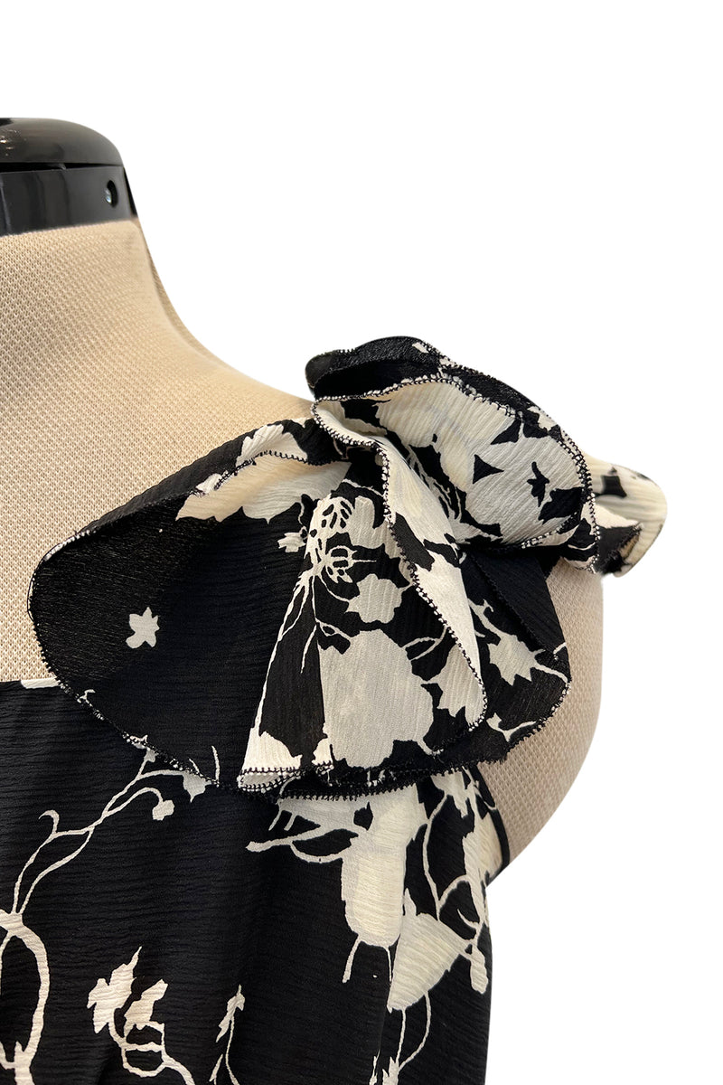 Prettiest 1930s Black & White Floral Print Bias Cut Silk Elaborate Ruffle Shoulder Dress