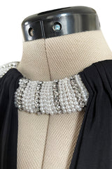 Fabulous 1980s Vicky Tiel Cut Outs Black Jersey Dress w Jewelled Pearl & Rhinestone Collar