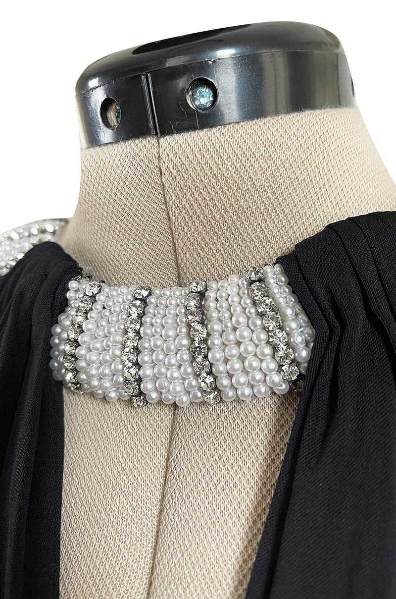 Fabulous 1980s Vicky Tiel Cut Outs Black Jersey Dress w Jewelled Pearl & Rhinestone Collar