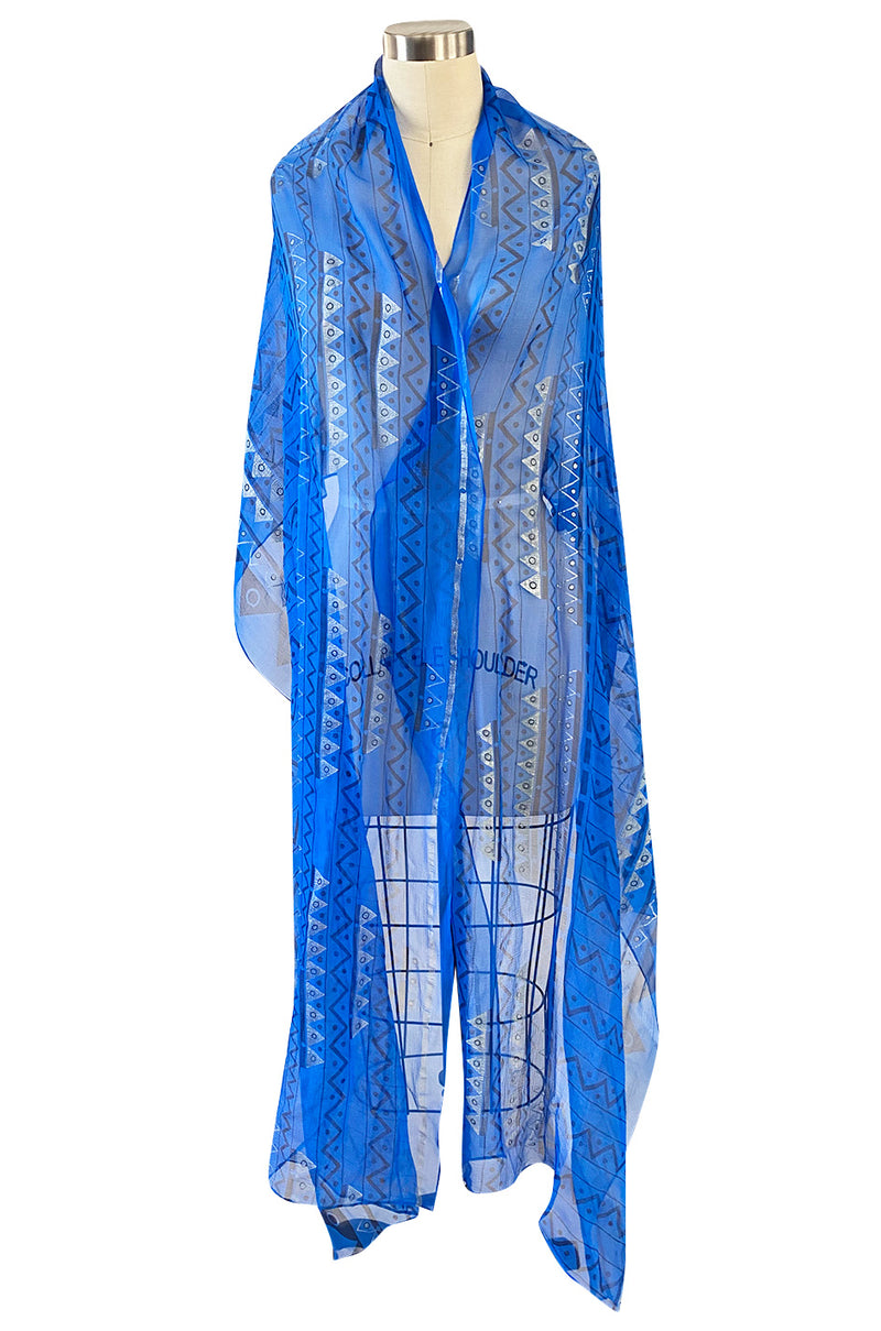 1980s Zandra Rhodes Hand Painted Silver on Blue Silk Caftan Dress w Wrap Belt & Matching Scarf