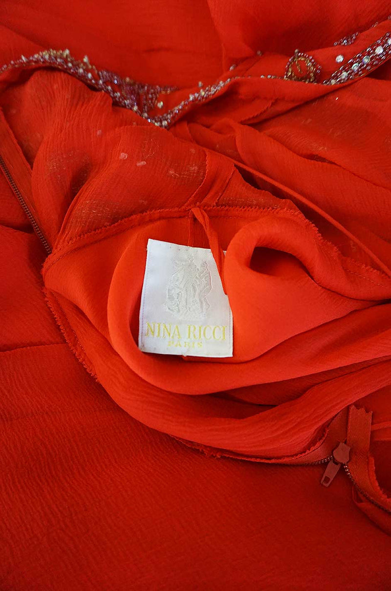 Stunning c1978 Nina Ricci Haute Couture Hand Beaded Layered Red Silk Chiffon Dress