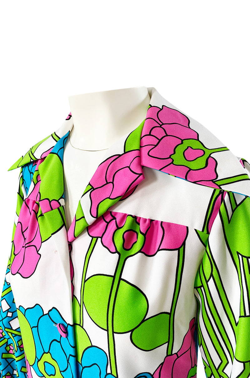 1970s Lanvin Mod Op Art Oversized Floral Print Jersey Shirt Dress