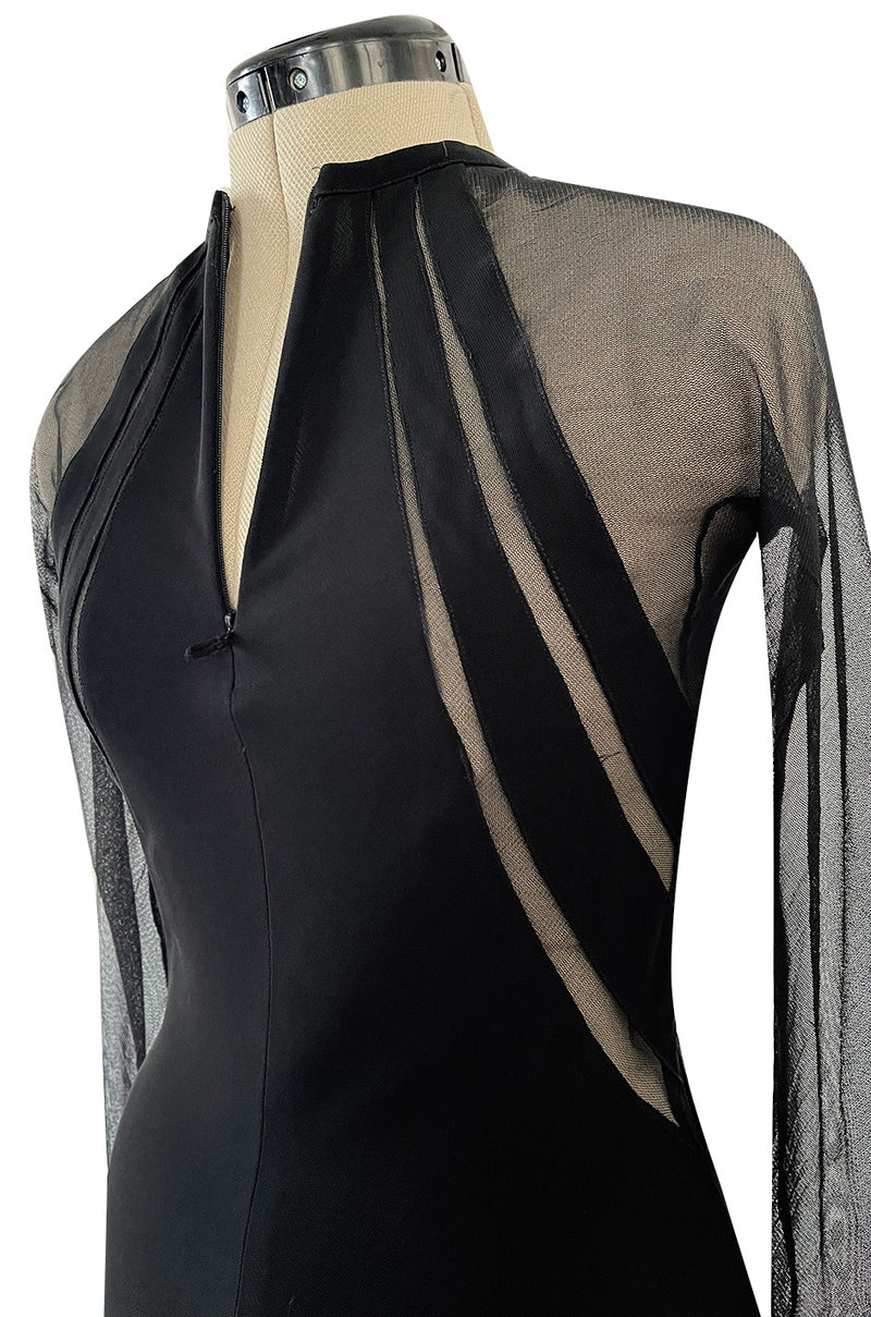 Spectacular 2005 John Anthony Couture Black Stretch Jersey Dress w Curved Netted Cut Outs