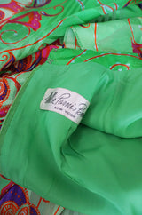 1970s Mollie Parnis Kimono Sleeve Printed Green Silk Dress
