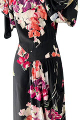 Stunning 1930s Unlabeled Black Silk Crepe Dress w Brilliant Pink & Coral Floral Print