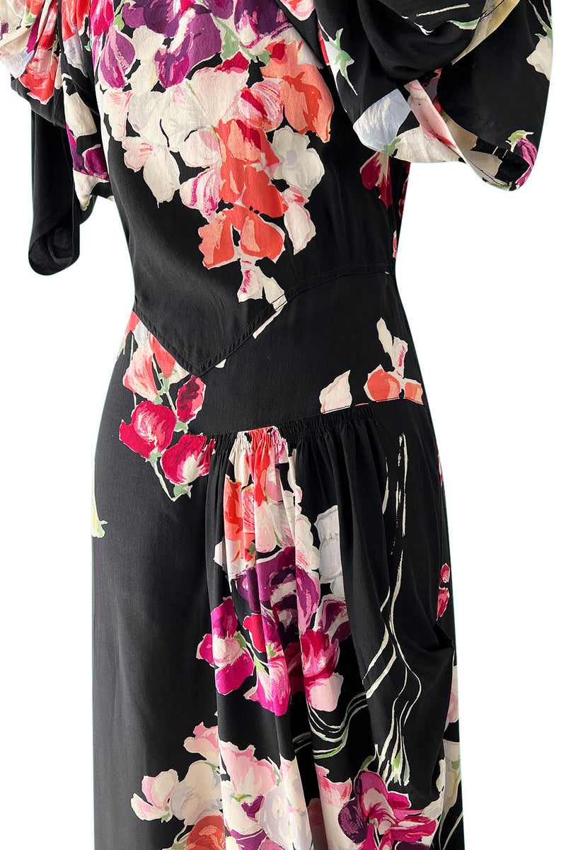 Stunning 1930s Unlabeled Black Silk Crepe Dress w Brilliant Pink & Coral Floral Print