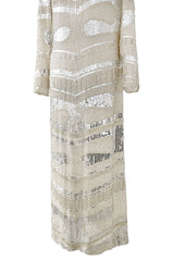 Iconic Spring 1981 Halston Fully Hand Beaded & Sequinned Silver & Ivory Silk Chiffon Dress