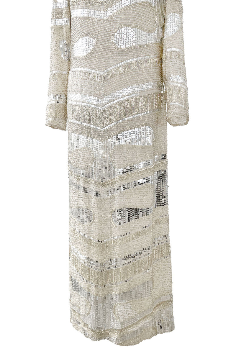 Iconic Spring 1981 Halston Fully Hand Beaded & Sequinned Silver & Ivory Silk Chiffon Dress