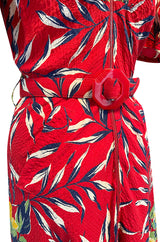 Gorgeous 1940s Unlabeled Cotton Pique Red & Bright Floral Print Dress w Original Belt
