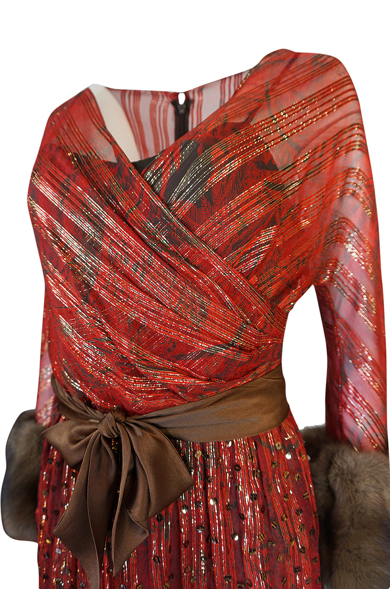Fall 1979 Bill Blass Couture Hand Sequin Gold & Red Silk Chiffon Dress