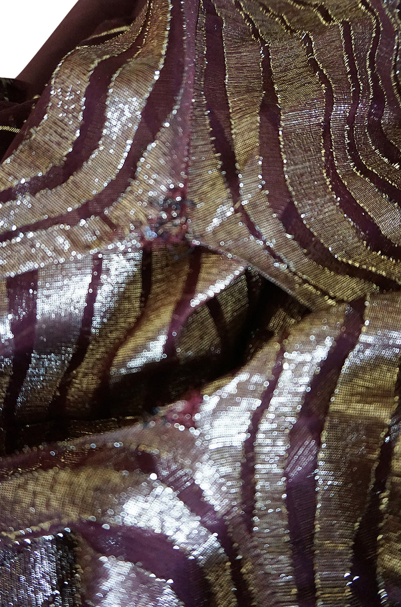 1978 Bill Blass Burgundy & Gold Lurex Striped Silk Chiffon Dress