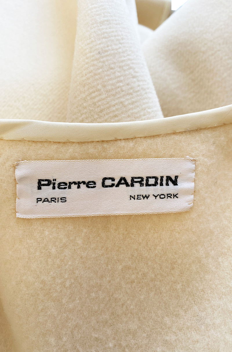 Late 1960s Pierre Cardin Ivory Wool Blanket Coat w Ribbon Edged Front Bow Detailing