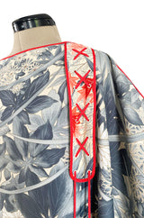 1970s Jean Varon Floral Printed Pale Blue Grey & Red Caftan w Red Piping & Long Tassel Details