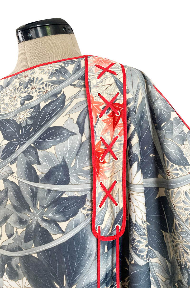 1970s Jean Varon Floral Printed Pale Blue Grey & Red Caftan w Red Piping & Long Tassel Details