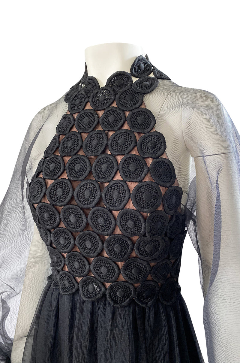 1960s Werle Black Organza & Embroidered Lace Transparent Back Dress