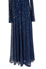 Incredible 1970-1972 Mollie Parnis Blue Sequin on Silk Chiffon Caftan Dress w Wide Sleeves