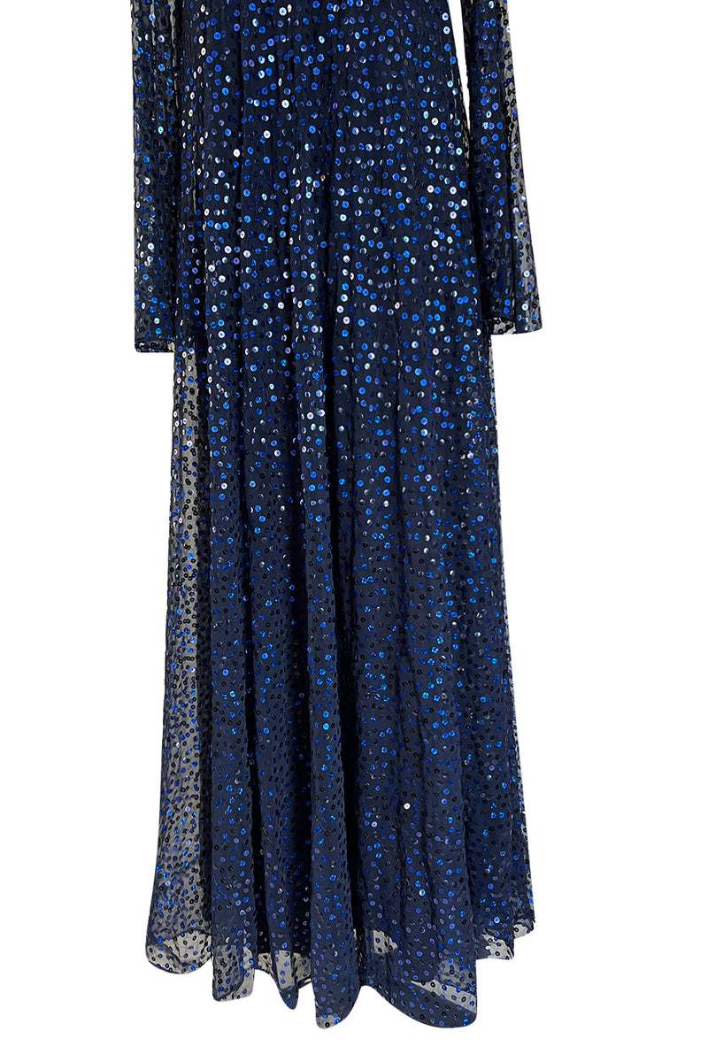 Incredible 1970-1972 Mollie Parnis Blue Sequin on Silk Chiffon Caftan Dress w Wide Sleeves