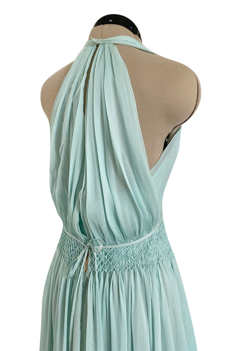 Spring 1976 Chanel Haute Couture Pale Turquoise Silk Chiffon Dress w PinTuck Gathered Front